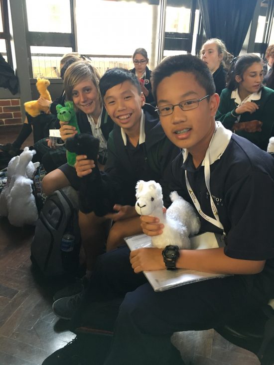 Group of students as spectators each with a soft toy on their lap