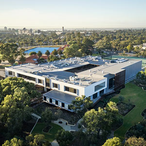 aerial view of Shenton college with the city and the river visible in the distance
