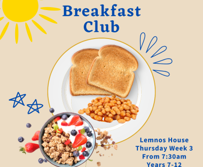 toast, beans and granola - emphasising breakfast club at Lemnos House, Thursday Wk3, from 7.30am