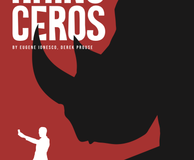 Red and black image of a human figure taking a selfie with a rhino head forming as a shadow behind; text identifies the name of the play - Rhinoceros, by Eugene Ionesco and Derek Prouse - and the dates of performance - Wednesday 1st, Thursday 2nd, and Friday 3rd of May.